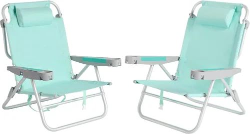 Vista 20 de SUNNYFEEL Silla de Playa Baja de 5 Posiciones Completamente Reclinable, Sillas de Playa Plegables Portátiles Tipo Mochila Resistentes con Bolsa