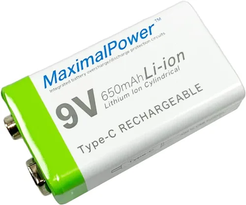 Vista 6 de MaximalPower Batería recargable de iones de litio de 9 V de 650 mAh con cable de carga USB tipo C para detectores de humo, alarma digital, pedales
