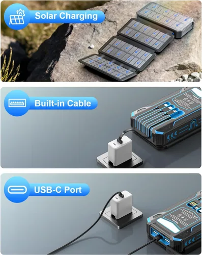 Vista 7 de Cargador solar de 49800 mAh, cargador de teléfono portátil inalámbrico integrado, 4 cables y 4 paneles solares, 12 W QC3.0 carga rápida USB-C
