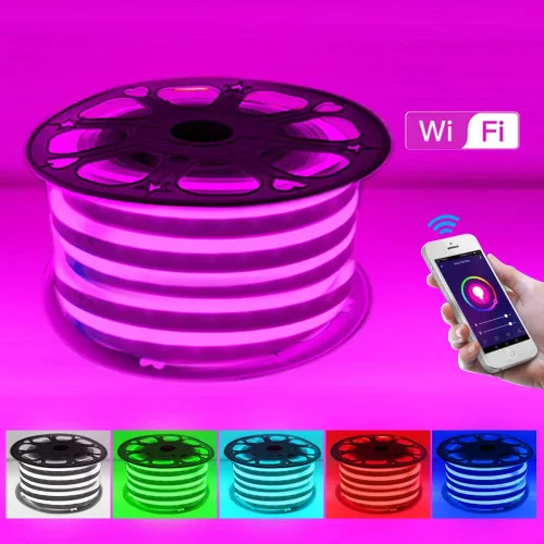 Vista 5 de Luces LED de neón, control remoto inteligente WiFi 110-130V RGB regulable, impermeable, 5050 60 LED/m, compatible con Alexa, Google Home, iOS
