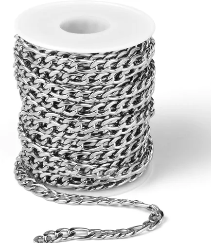 Vista 17 de [33 pies] Cadena Figaro de acero inoxidable, 0.138 in de ancho 304 cadenas de eslabones de acero inoxidable rollo a granel para fabricación de joyas
