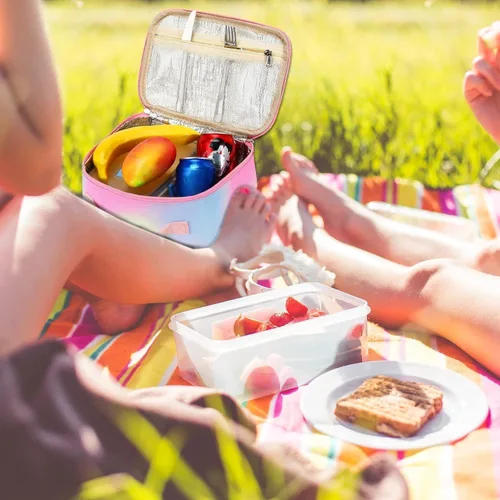 Vista 4 de Lonchera para niños y niñas, bolsa térmica con aislamiento, kit de bolsa de almuerzo reutilizable para viajes escolares (arcoíris Y064)