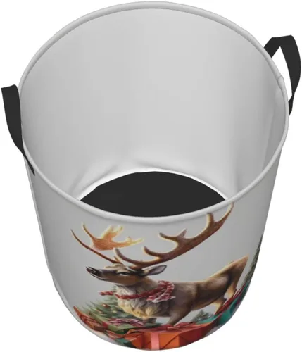 Vista 3 de Cesta circular con estampado de renos para regalo de Navidad, impermeable, cesta organizadora de lavandería, con asas, para ropa, juguetes, pequeña