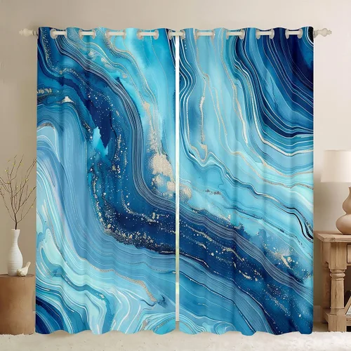 Vista 6 de Cortinas abstractas con textura de mármol azul marino para oscurecer el dormitorio, sala de estar, niñas, azul marino y dorado, cortinas opacas