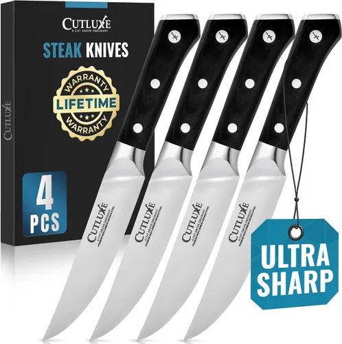 Cutluxe Juego de 4 cuchillos para carne, juego de cuchillos para carne de borde recto, acero alemán forjado de alto carbono, espiga completa, diseño