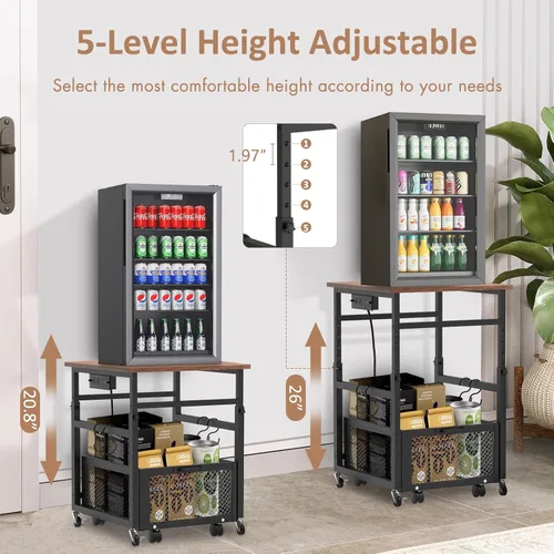 Vista 2 de Mini soporte para refrigerador con almacenamiento, altura ajustable para refrigerador pequeño con ruedas, estación de carga, mesa auxiliar