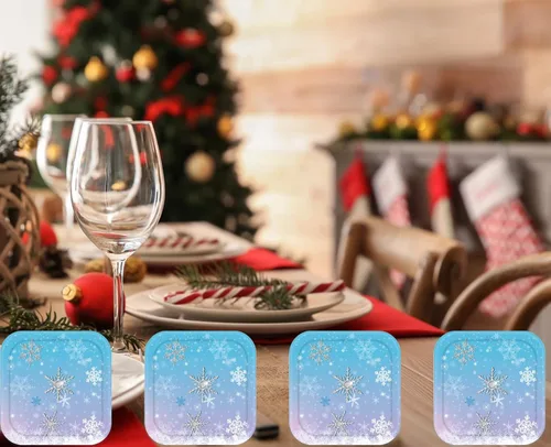 Vista 7 de 25 platos de papel de Navidad, platos desechables para fiestas de Navidad, copos de nieve de Navidad, platos de cena para Navidad, vacaciones