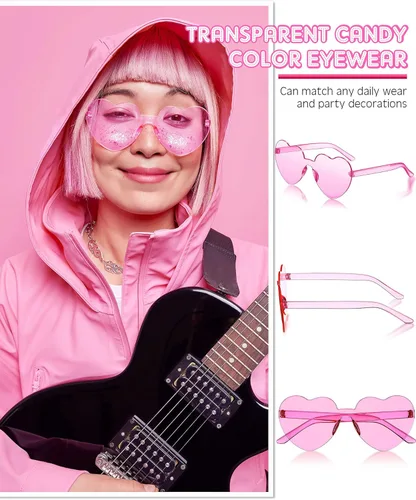 Vista 4 de Colzzy 24 Pairs Heart Shaped Rimless Sunglasses Transparent Candy Color Frameless Glasses Tinted Eyewear for Party Cosplay