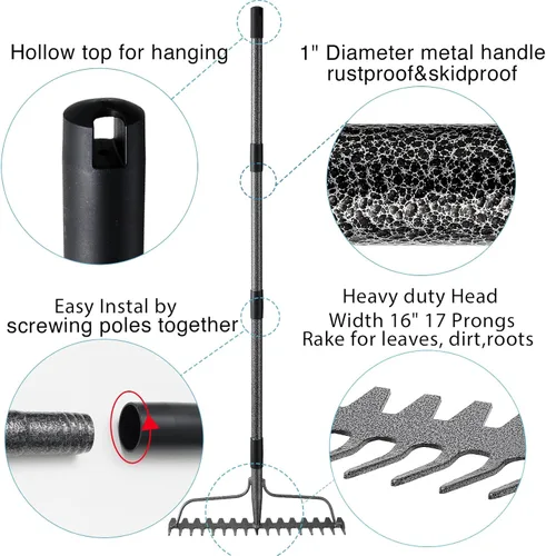 Vista 6 de Rastrillo de paja, rastrillo de paja para césped, rastrillo de jardín de metal resistente con 17 puntas, rastrillo de roca ajustable para jardinería
