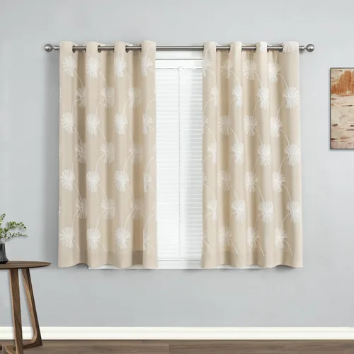 Vista 2 de VOGOL - Cortinas con ojales bordadas con patrón floral elegante de lino sintético, 2 paneles, 60% opacas con aislamiento térmico, cortinas pesadas