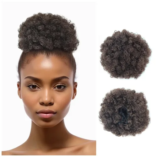 Vista 9 de Extensión de cola de caballo afro con cordón, corta sintética afro rizada para cabello natural, clip en cordón rizado, moño (grande, 1B#)