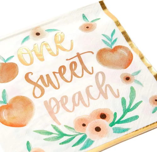 Vista 4 de Sparkle and Bash Servilletas de papel melocotón – 6.5 x 6.5 pulgadas, paquete de 50 unidades, 1 capa – Servilletas de diseño floral y borde dorado