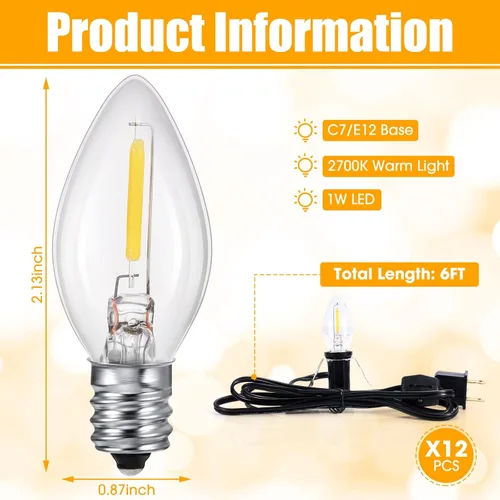 Vista 2 de Coume Paquete de 24 cables de accesorios con bombilla LED, kit de cable de accesorios de luz cálida de 6 pies (negro)