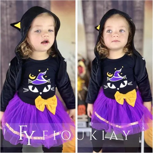 Vista 3 de fioukiay Conjunto de ropa de Halloween para bebé niña, abrigo con capucha de forro polar, mameluco+leggings, pantalones tutú, conjuntos de ropa de 3