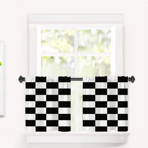 Vista 153 de Cortinas opacas de mármol abstracto blanco y gris para ventanas, cenefas opacas de poliéster multicapa para cocina, paquete de 2 unidades, 26 x 24