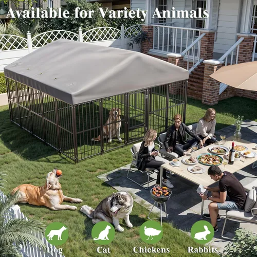 Vista 2 de Perrera grande para perros exterior de 10 x 10 pies, jaula resistente con puerta de alimentación, corrida de perro al aire libre con techo