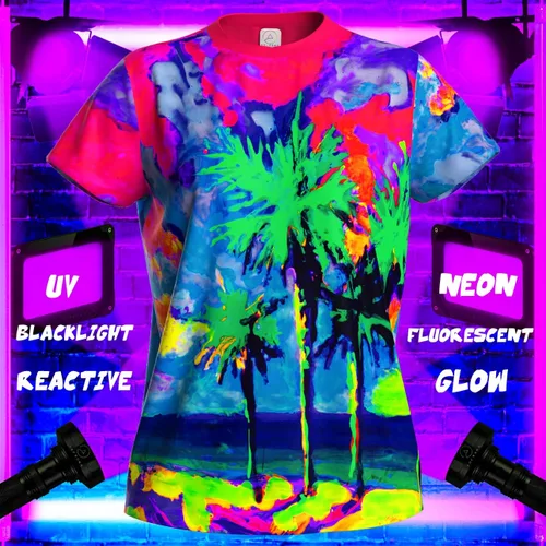 Vista 2 de aofmoka Ultraviolet Fluorescent Handmade Art Neon Blacklight Reactive Print Women T-Shirt