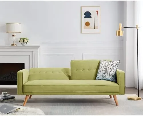 Vista 6 de Sofá cama tipo futón convertible, sofá cama plegable de lino moderno con respaldo dividido, respaldo ajustable, reposabrazos, marco de madera y Verde