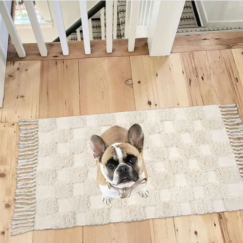 Vista 7 de Lanffia Alfombra bohemia copetuda a cuadros de 2 x 3 pies, color beige, lavable con borlas, para interiores, casa de campo, cocina, baño
