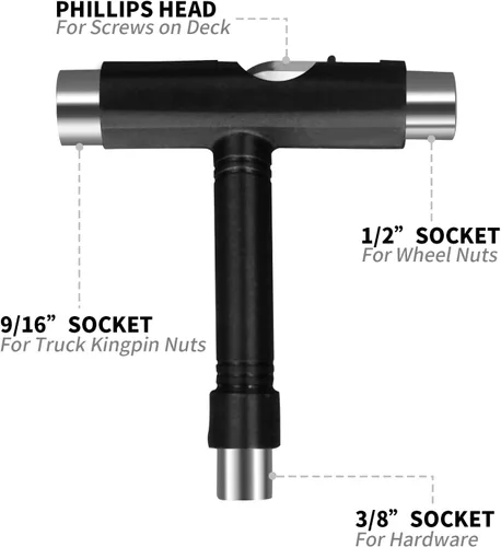 Vista 2 de Herramienta de patinaje todo en uno, herramienta de patinaje, herramienta T para patineta, multifunción, portátil, accesorio de longboard con llave