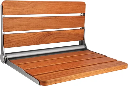 Vista 7 de Asiento de ducha plegable de teca montado en la pared, banco de ducha plegable de 16 pulgadas, carga máxima de 400 libras, diseño plegable que Blanco