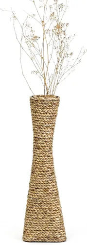 Vista 8 de Leewadee Jarrón grande de mimbre para piso, hecho a mano, hecho de bambú y basta, sofisticado embudo para ramas decorativas, 16 pulgadas, marrón