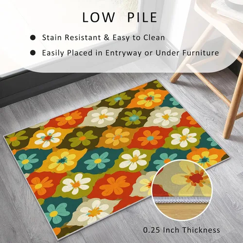 Vista 4 de Floral Throw Rug, Washable Small 2x3 Area Rugs for Entryway, Groovy Flower Patterned Indoor Door Mat for Bedroom Kitchen, Floral Decor, Non Slip