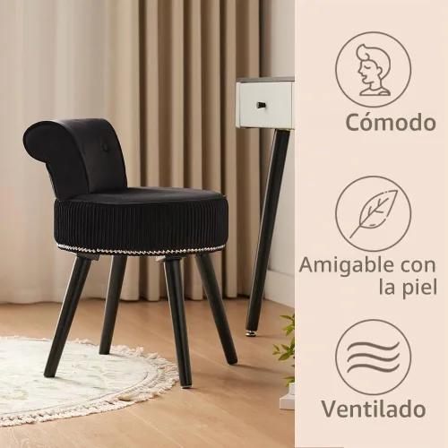 Vista 5 de Silla de tocador de terciopelo negro con respaldo pequeño, taburete de maquillaje, sillas acentuadas con botones sin ruedas, taburete de tocador
