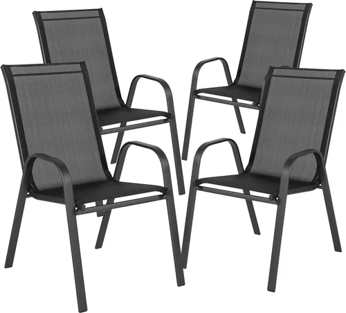 Vista 3 de BizChair Paquete de 4 sillas apilables negras para exteriores con material Flex Comfort, silla apilable para patio