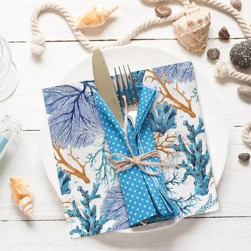 Vista 4 de AnyDesign Paquete de 80 servilletas de papel de verano de 6.5 x 6.5 pulgadas, estampado coral océano, servilletas de papel desechables de acuarela
