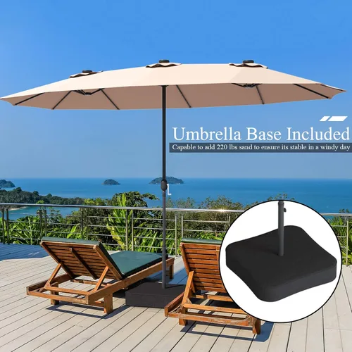 Vista 4 de Tangkula Sombrilla solar de patio de 15 pies con base, sombrilla individual extragrande de doble cara para exteriores con 36 luces LED y manivela