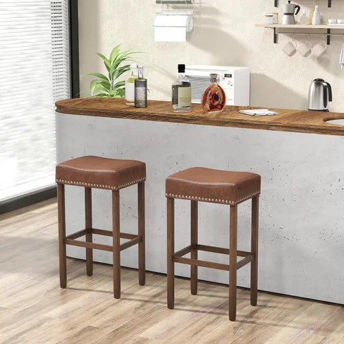 Vista 16 de Giantex Juego de 2 taburetes de bar de 24 pulgadas en forma de silla de montar, taburetes de cuero sintético con reposapiés, taburetes de bar