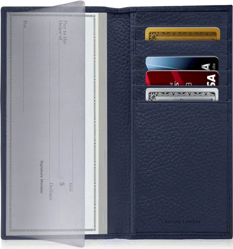 Vista 2 de Funda de cuero genuino para hombres y mujeres Funda para libro de cheques para duplicar cheques, billetera RFID