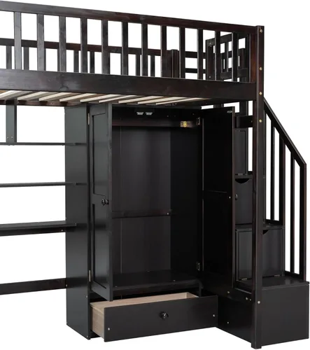 Vista 18 de Cama loft multifuncional de tamaño individual con estantería y cajones, marco de cama de madera con escritorio y armario, cama alta