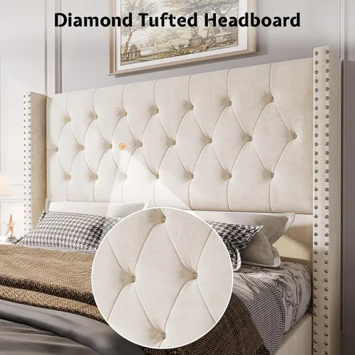 Vista 20 de Jocisland Base de cama tapizada de terciopelo tamaño King, con plataforma capitoné de perfil bajo, cabecera con alas elevadas, soporte de listones