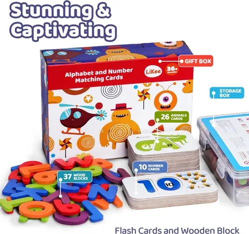 Vista 2 de LiKee - Tarjetas flash del alfabeto de madera, rompecabeza de letras ABC, palabras de vista, juegos de emparejamiento, tablero de conteo, juguetes