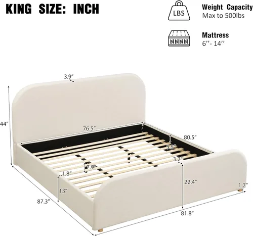 Vista 3 de Merax Marco de cama tamaño Queen, cama de plataforma tapizada de lino con cabecero y estribo de 44 pulgadas de alto, base de madera maciza, diseño