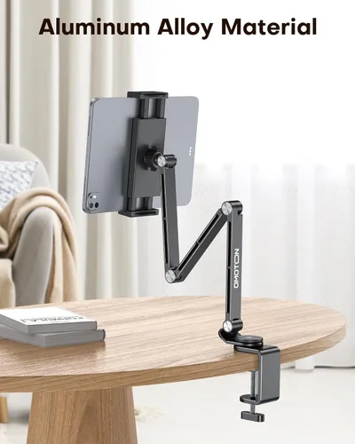 Vista 6 de OMOTON Soporte ajustable para tablet iPad, soporte de teléfono de escritorio para cama con 2 abrazaderas, soporte de aleación de aluminio flexible