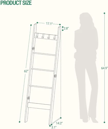 Vista 83 de Escalera para manta para sala de estar, estante decorativo para edredón con 4 ganchos extraíbles, 5 niveles de soporte de escalera de granja Blanco