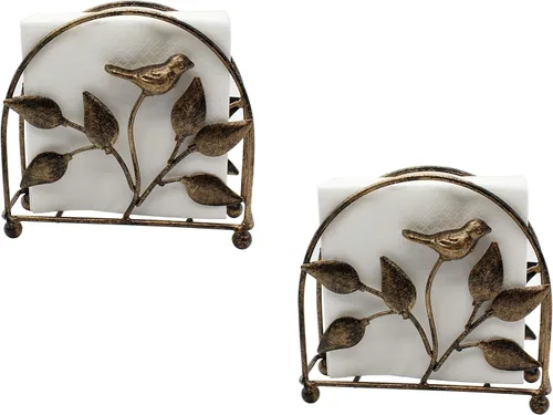 Vista 8 de Servilletero clásico de hierro fundido con forma de pájaro y árbol/Dispensador independiente de pañuelos de mesa, negro