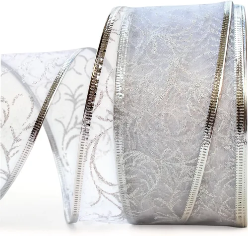 Cintas plateadas con alambre para árbol de Navidad, decoración del hogar, alambre de organza transparente con purpurina y adornos metálicos, lazos