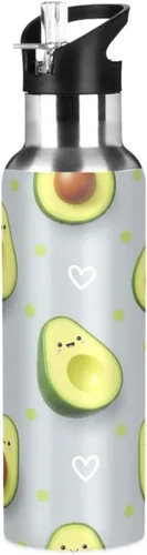 Cute Cartoon Avocado Faces Stainless Steel Water Bottle 20 Oz Leakproof Water Bottles, BPA-Free Sports Water Bottle with Straw
