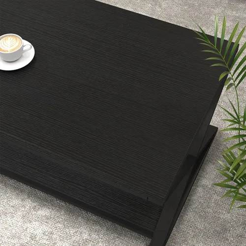 Vista 6 de HSH Mesa de sala de estar de madera de metal minimalista moderna negra con estante de almacenamiento, mesa central rectangular de 39 pulgadas y 2