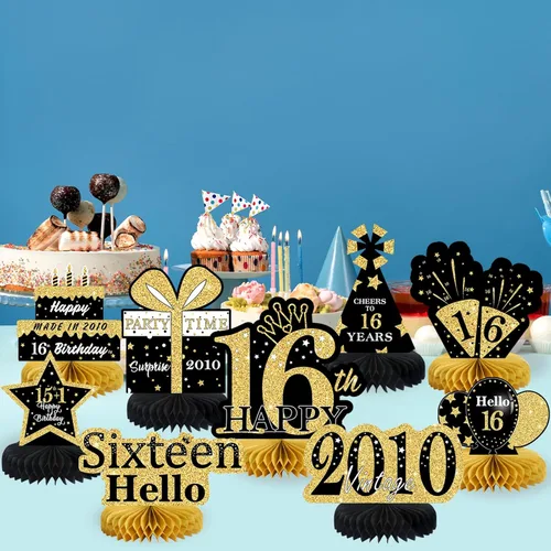 Vista 5 de 9 piezas de decoración de cumpleaños negro dorado 16 centros de mesa de panal para niños y niñas, centros de mesa de feliz cumpleaños 16