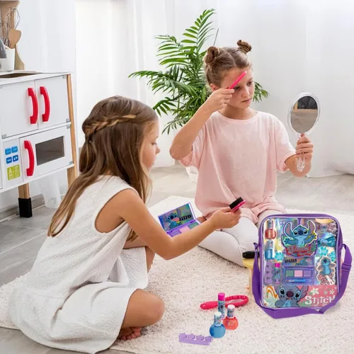 Vista 6 de Disney Lilo and Stitch - Bolsa de hombro rellena de maquillaje, incluye brillo de labios, esmalte de uñas, lazo para el cabello y mucho más. Para
