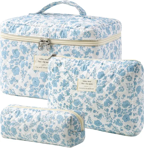 Vista 8 de HBselect Bolsa de Maquillaje Acolchada, 3 Piezas de Gran Bolsa de Maquillaje de Viaje de Algodón, Linda Bolsa de Maquillaje Floral Coquette, Bolsa
