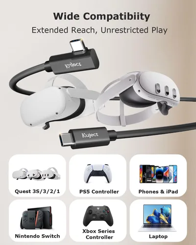 Vista 2 de Kuject - Cable Link USB 3.0 tipo C a C de 16 pies de largo compatible con Oculus Quest 2, cable para visor de realidad virtual de Oculus Quest 1