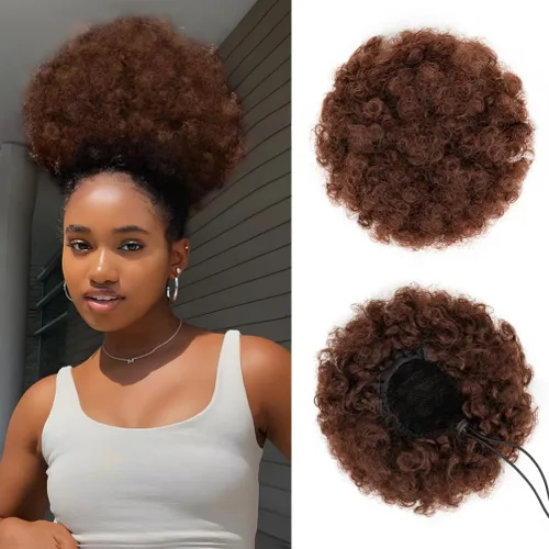Vista 7 de YEAME Cola de caballo afro con cordón para mujeres negras, esponjados de cabello sintético afro rizado corto y crespa, moño afro marrón premium