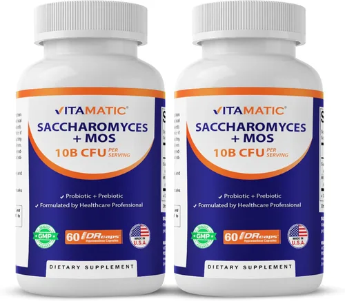 Vitamatic Saccharomyces Boulardii Probiotic 10B por porción + extracto de levadura (fracción de levadura MOS) 300 mg - 60 cápsulas DR - Fabricado en
