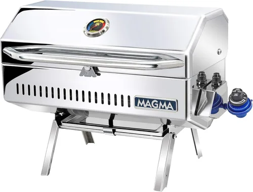 Vista 2 de Magma Productos Newport II Classic Gourmet Series Parrilla de gas (A10-918-2) y soporte de pedestal plegable de doble bloqueo (T10-185)